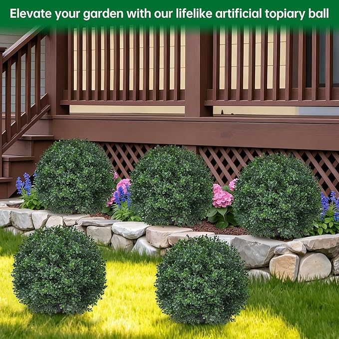Artificial Boxwood Topiary Trees with Ground Spike,2 Pieces Fake Pine Shrubs Bushes, UV Resistant Faux Evergreen Cypress Tree Plants for Indoor Outdoor Planters Front Porch