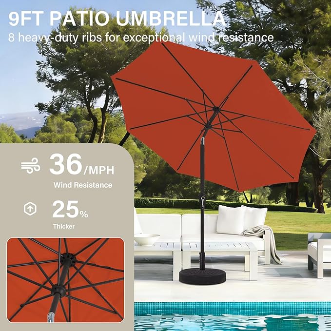 MEWAY 9ft Patio Umbrella Outdoor Table Umbrellas with Push Button Tilt and Crank, Market Umbrella 8 Sturdy Ribs for Deck, Garden, Pool and Backyard, Orange
