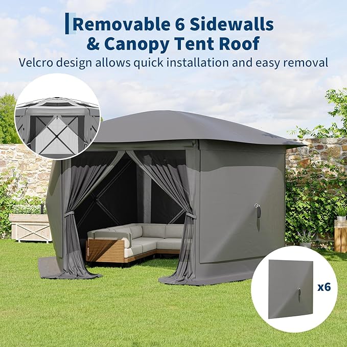 13x13FT 6-Sided Pop Up Gazebo Tent，One-Push Setup Canopy Tent with Removable Canopy Top & Wind Cloths, Outdoor shelter for Camping, Backyard Parties, Outdoor Events - Grey