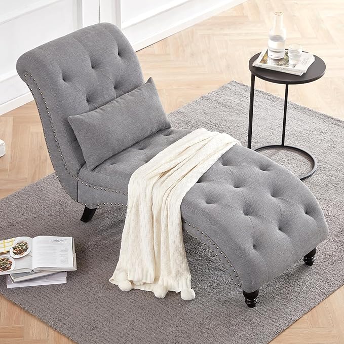 Tufted Soft Chaise Lounge Chair for Bedroom, Linen Rivets Chaise Lounge Indoor, Armless Upholstered Chaise Couch Chair for Living Room with Square Cushions and Solid Wood Legs, Gray