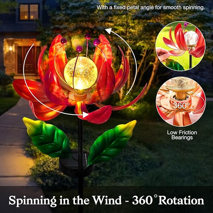 Solar Lights Outdoor Wind Spinners, Metal Lotus Flower Garden Decor with Waterproof LED Crackle Glass Globe for Patio Lawn Yard Outdoor Decor