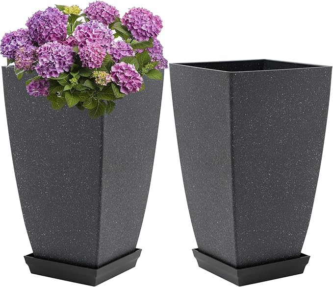 Set of 2 Tall Planter, 21 inch Large Plastic Planter with Drain Hole & Saucers, Large Outdoor Planters for Porch, Garden, Patio, Balcony(Cement Gray)