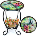 LIFFY Patio Side Table, 14" Round Mosaic Outdoor Table with Glass Hummingbird Tabletop, 21" Height 2-Tier Indoor Small Decorative Plant Stand & Accent Table with Metal Frame for Garden, Yard, Home