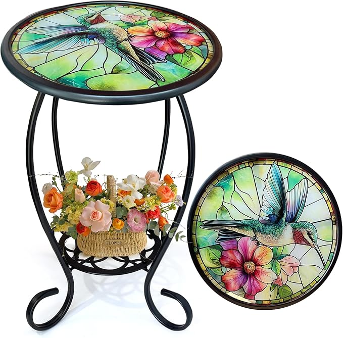 LIFFY Patio Side Table, 14" Round Mosaic Outdoor Table with Glass Hummingbird Tabletop, 21" Height 2-Tier Indoor Small Decorative Plant Stand & Accent Table with Metal Frame for Garden, Yard, Home