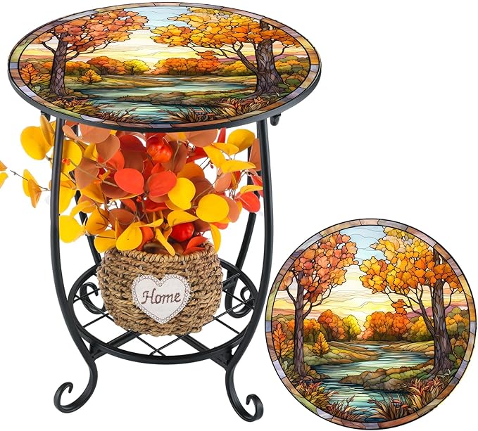 Outdoor Side Table Round Small Mosaic Patio Accent Indoor End Plant Coffee Tea Table for Yard Patio Porch Garden Living Room, Bedroom(Fall Style,14 Inch)