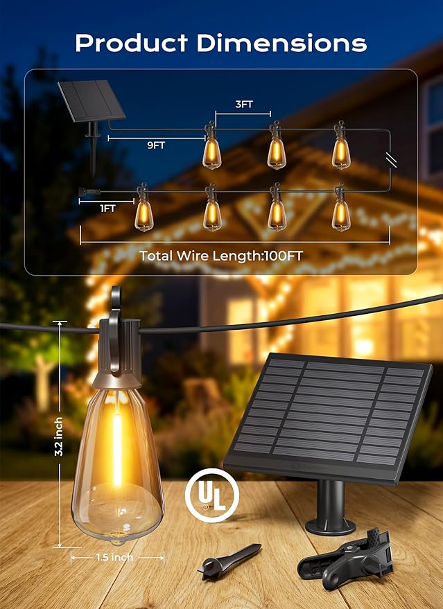 Brightown 100FT Solar String Lights Outdoor Waterproof, Patio Lights with Remote and 31+2 LED Shatterproof Bulbs, Dimmable & Timable, 3 Light Modes, Solar Lights Outdoor for Yard Camping Party Outside