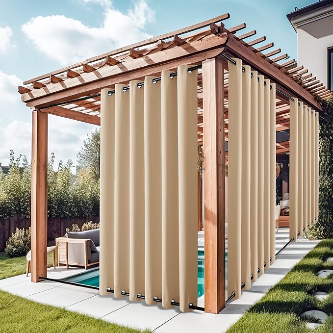 NICETOWN 2 Panels Waterproof Patio Outdoor Curtains & Drapes, Windproof Thermal Insulated Top and Bottom Grommet Keep Sun & Rain Blackout Outdoor Drapes for Porch/Pergola, Biscotti Beige, W84 x L95
