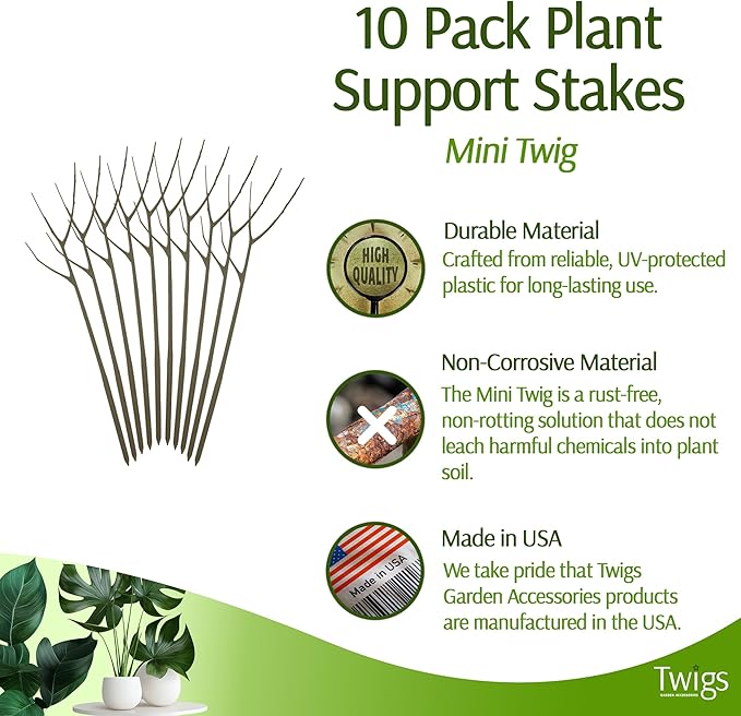 Mini Twigs Plant Support Stakes for Small Plants, Indoor & Outdoor Use, Gardening Supplies, Garden Accessories, Trellis & Ring Alternative, Made in USA - Moonstone, 10 Pack, 12" L