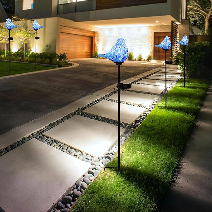 Bshine Solar Garden Decoration Outdoor Bluebird Lights, Hand Blown Glass Waterproof Solar Light Stake Decorate Paths, Pathways, Lawns and Yards Art for Mom Gifts