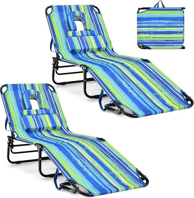 GYMAX Tanning Chair, 350lbs Beach Lounge Chair with Face Hole, Washable Pillow & Carry Strap, Adjustable Folding Chaise Lounge, Layout Lounger for Outside, Patio, Poolside, Lawn (2, Stripe)