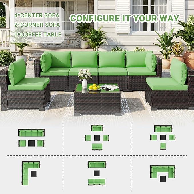 LEVELEVE 7 Pieces Outdoor Patio Furniture Sets,Rattan Conversation Sectional Set,Manual Weaving Wicker Patio Sofa with Tea Table