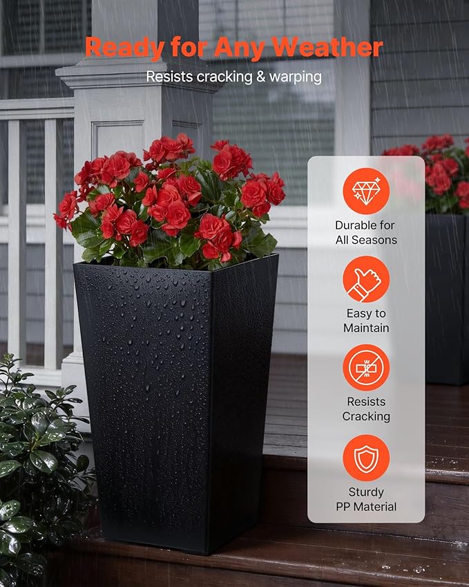 VEVOR Set of 2 Tall Planters for Outdoor Plants 22 inch, Black Tall Planter for Indoor Plants, Modern Planters for Front Porch Patio Balcony, Plant Container Flower Pots with Built-in Drainage