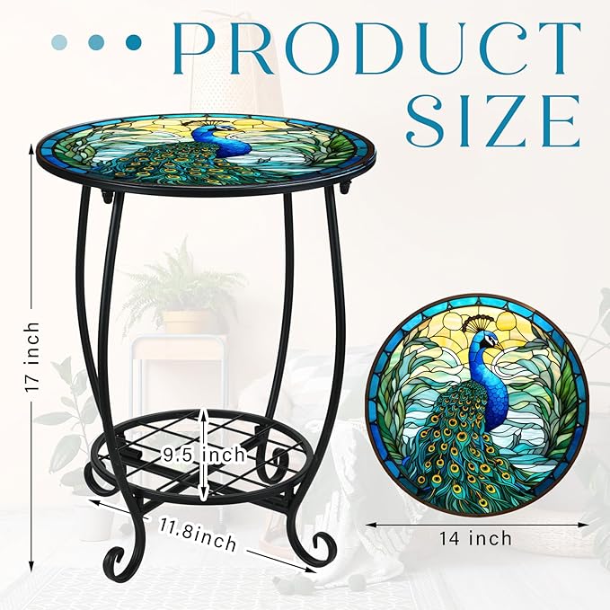 Outdoor Side Table Round Small Mosaic Patio Accent Indoor End Plant Coffee Tea Table for Yard Patio Porch Garden Living Room, Bedroom(Peacock Style,14 Inch)