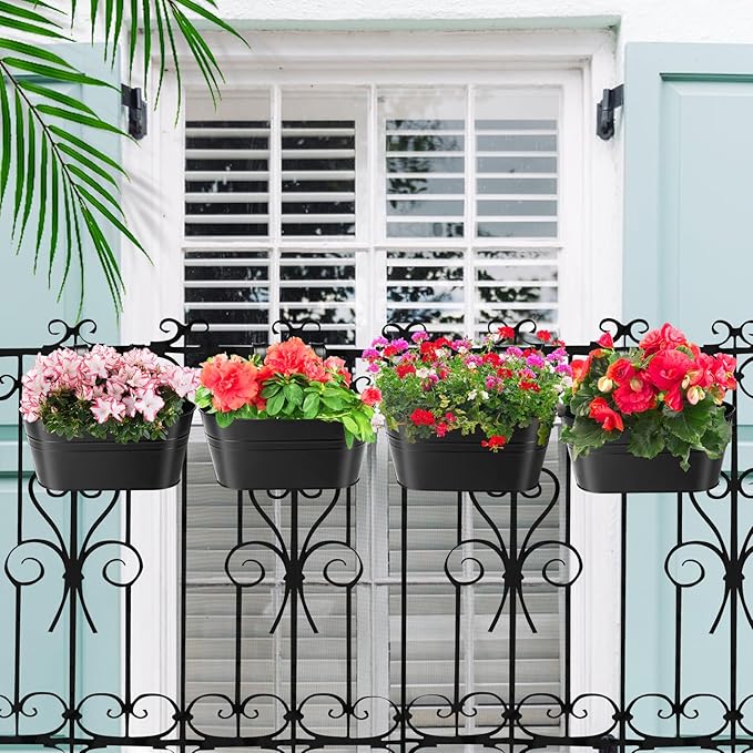 MADHOLLY Railing Planter with Drainage Holes - Sturdy Bucket Pots for Railing Fence, Countryside Style Metal Flower Pots for Herbs Balcony Garden Yard Decor, 4Pcs, Black