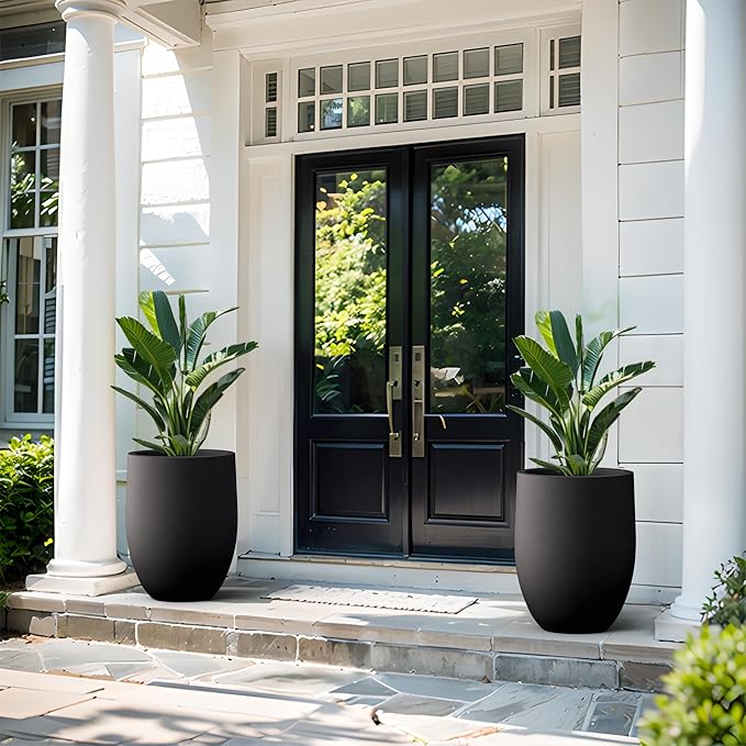 Kante 21.7 Inch Tall Concrete Planter, Large Indoor Outdoor Plant Pot with Drainage, Smooth Black Finish with Painted Interior, Ideal for Porch, Home, Garden, Patio