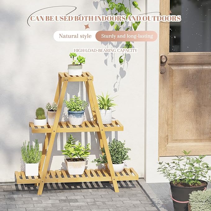 Plant Stand For Indoor Outdoor Tiered Plant Shelf 3 Tier 8 Potted Bamboo Flower Holder Ladder Rack For Multiple Triangle Table Plant Pot Stand (Natural)