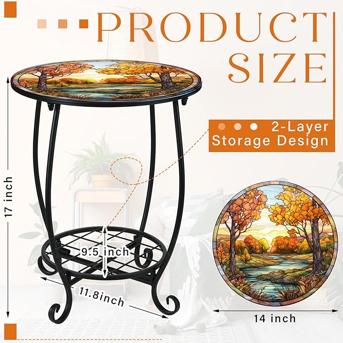 Outdoor Side Table Round Small Mosaic Patio Accent Indoor End Plant Coffee Tea Table for Yard Patio Porch Garden Living Room, Bedroom(Fall Style,14 Inch)