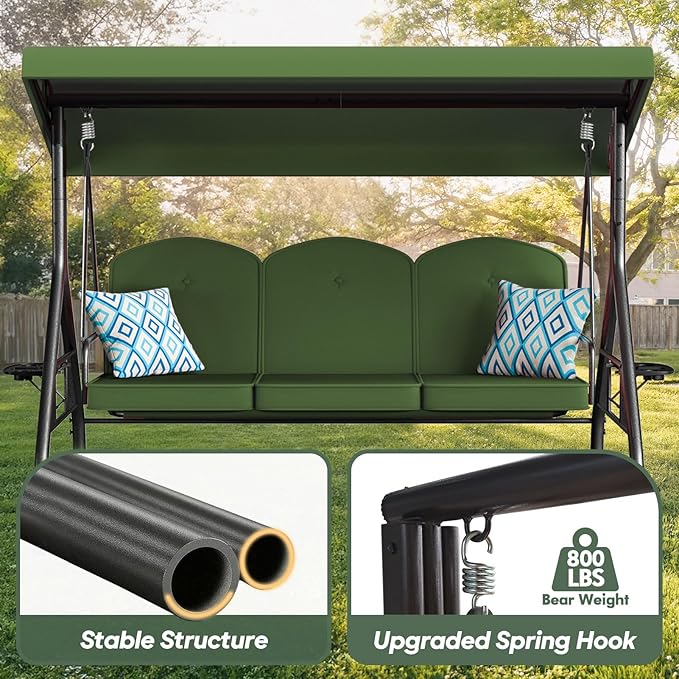 3 Seat Outdoor Porch Patio Swing with Stand 800lbs 2-in-1 Convertible Swing Bed with Adjustable Canopy & Removable Cushion for Yard Garden Deck (Green, Square Tube)