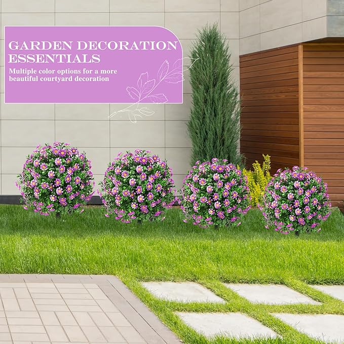 Artificial Topiary Bushes for Outdoors with Spike, Boxwood Ball Fake Shrubs UV Resistant Faux Plants for Indoor Outdoor Fall Thanksgiving Halloween Decor (Sunflower Boxwood Purple -2 Packs)