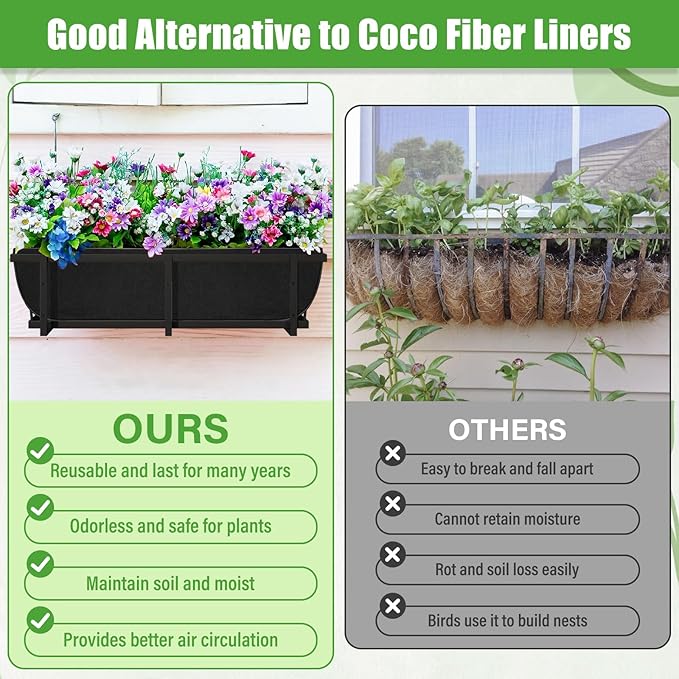 Riare 4 Pack 24 Inch Black Fabric Window Box Liners- Felt Square Trough Planter Basket Liners Replacement, Non-Woven Hanging Flower Plant Box Liner for Outdoor Plants Garden Fence- Avoid Birds Nesting