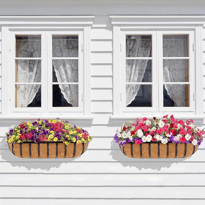Y&M 30-Inch Window Planter Box 2Pcs Iron Deck Railing With Coco Liner, Metal Horse Troughs for Outdoor Balcony Rail Fence Porch Patio