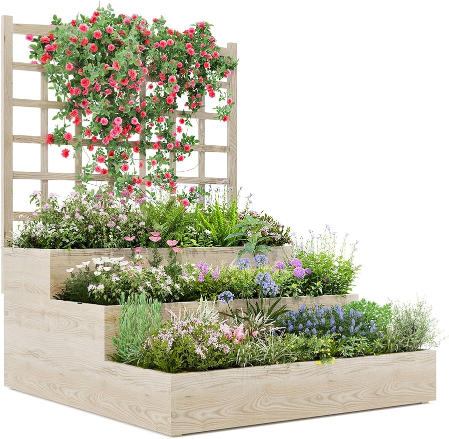 3-Tier Elevated Garden Planter, Wooden Vertical Raised Bed with Trellis & Drainage Base – Ideal for Climbing Plants, Flowers, Herbs, Vegetables – Outdoor Planter Box for Patio, Yard, or Lawn