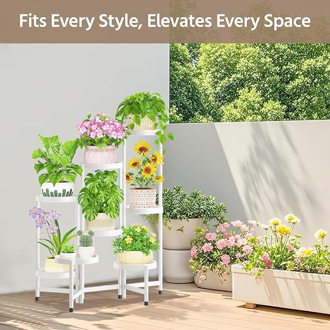 LASZOLA 8 Tiered Folding Plant Stand Indoor for Multiple Large Planter, Tall Heavy Duty Adjustable Rack with Rust Proof Plastic Shelving, Sturdy Vertical Tree Organizer for Narrow Inside Floor, White