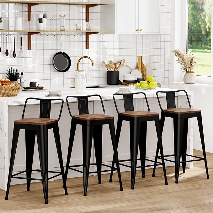 WENTMENT Metal Bar Stools Set of 4 Counter Height Barstools with Removable Back 24" Kitchen Bar Stools with Wooden Seat, Black