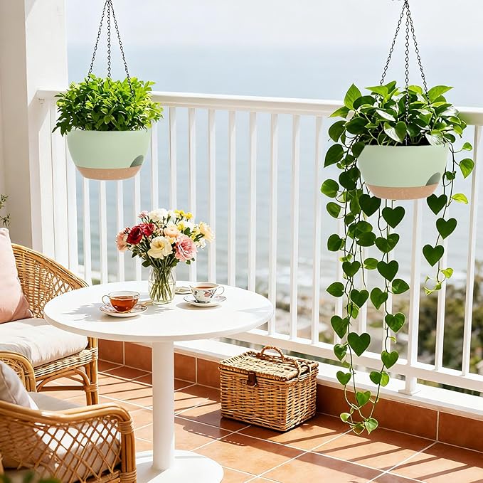 8 Inch Hanging Planters for Indoor Outdoor Plants, 4 Pack Green Brown Plastic Self Watering Hanging Baskets with Drainage Holes and Chain for Garden Porch