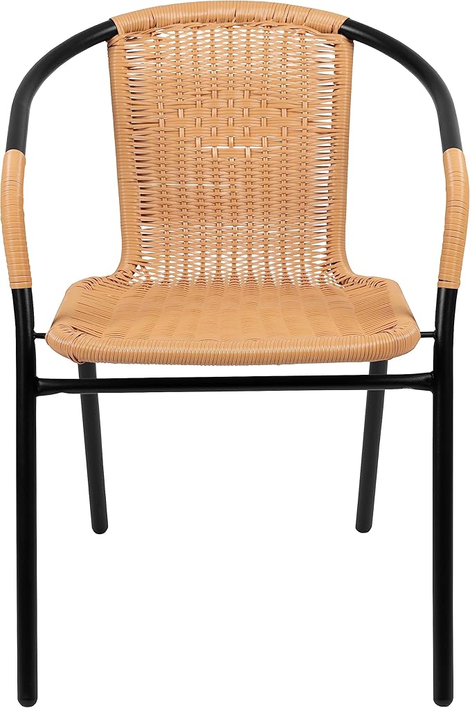 EMMA + OLIVER Set of 2 Modern Rattan Indoor/Outdoor Stack Chairs, Stacking Rattan Patio Chairs with Curved Back and Cross Bracing, Beige