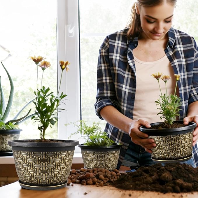 4 Pack 12 Inch Plant Pots,Large-Plant-Flower-Planters-Plastic, Flower Pots Outdoor Indoor with Drainage Holes & Trays, Retro Antique Imitation Decorative Garden Sets for Houseplants