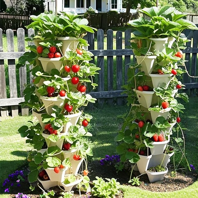 Strawberry Planters, 3 Tiered Vertical Stackable Planter, Herb Stacking Tower Garden, Flower Vegetable Planters with Support Pole, Indoor & Outdoor with Removable Wheels - White