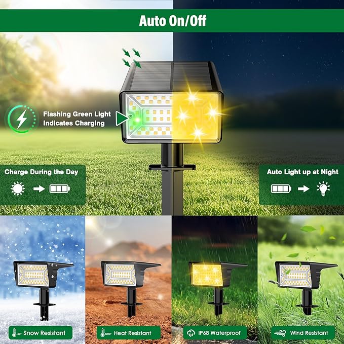 Solar Spot Lights Outdoor with 60 LED & Auto On/Off, 6 Pack Solar Lights Outdoor Waterproof IP68 with 3 Lighting Modes, 2-in-1 Solars Landscape Light for Outside, Garden, Yard(Warm White)
