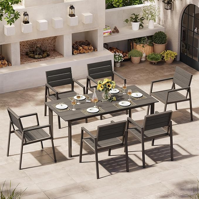 Aluminum Outdoor Dining Set for 6, Patio Table and Chairs Set with Umbrella Hole, 7 Pieces HDPS Outdoor Furniture Sets for Patio, Garden (Gray & Teak)