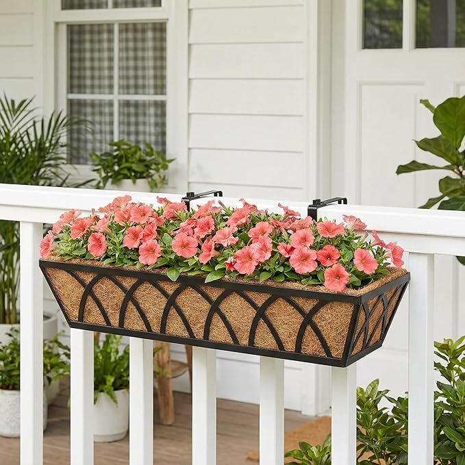 Y&M 24 Inch Fence Metal Hanging Flower Planter Window Basket Deck Railing Planter Boxes for Outdoor Garden Lawn， Window Deck with Coco Liner,6pcs