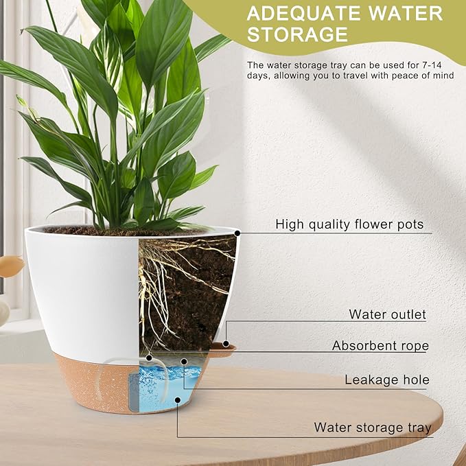 Plant Pots,12/10/9/8/ Inch Large Plastic Self Watering Flower Pots Indoor Outdoor with Drainage Holes, Deep Reservoir,Nursery Planting Pot for Indoor Out Door Plants White