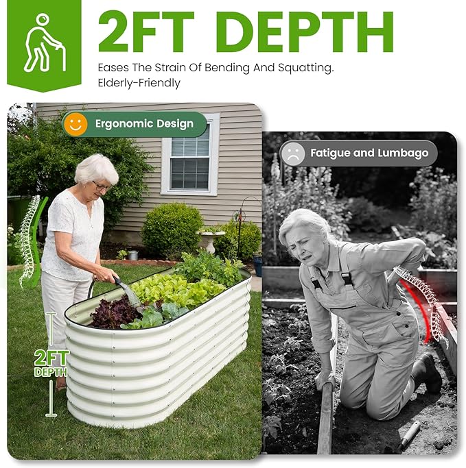 Galvanized Raised Garden Bed Outdoor 24'' Deep | Oval Metal Garden Beds with Easy Assembly & Planter Box for Planting Deep Root Vegetables Fruits Flowers, 6x2x2ft White