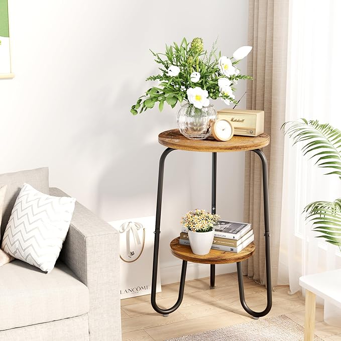 2 Tier Wood Plant Stand Indoor, Small Round Flower Pot Stand, 19.6" Tall Single Plant Holder for Living Room, Balcony, Rustic Brown End Side Table（2 packs）