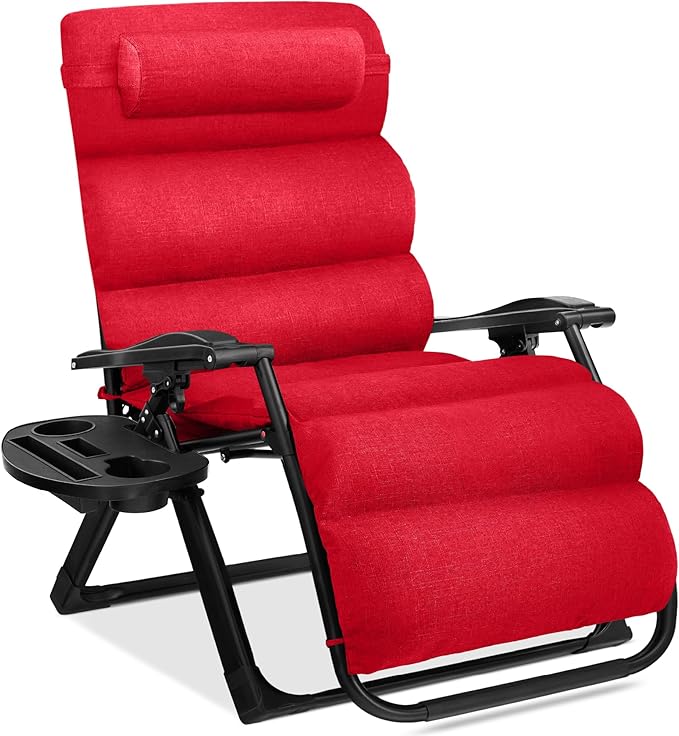 Best Choice Products Oversized Zero Gravity Chair, Folding Outdoor Patio Recliner, XL Anti Gravity Lounger w/Removable Cushion, Cup Holder, Side Tray, 350lb Capacity - Crimson Red