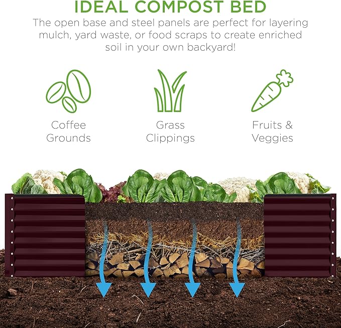 Best Choice Products 8x4x2ft Outdoor Metal Raised Garden Bed, Deep Root Planter Box for Vegetables, Herbs & Flowers, 478-Gallon Capacity, 100% Non Toxic Materials - Burgundy