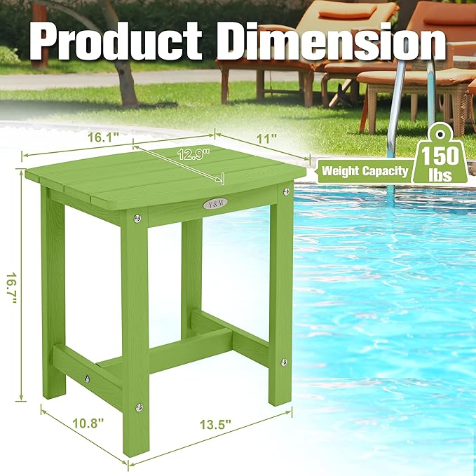 Y&M Outdoor Side Table, HIPS Adirondack Small Single Table, Waterproof Square Outside Table, Balcony Modern End Tables for Patio, Pool, Beach, Porch, Deck, Indoor or Outdoor Use, Lime