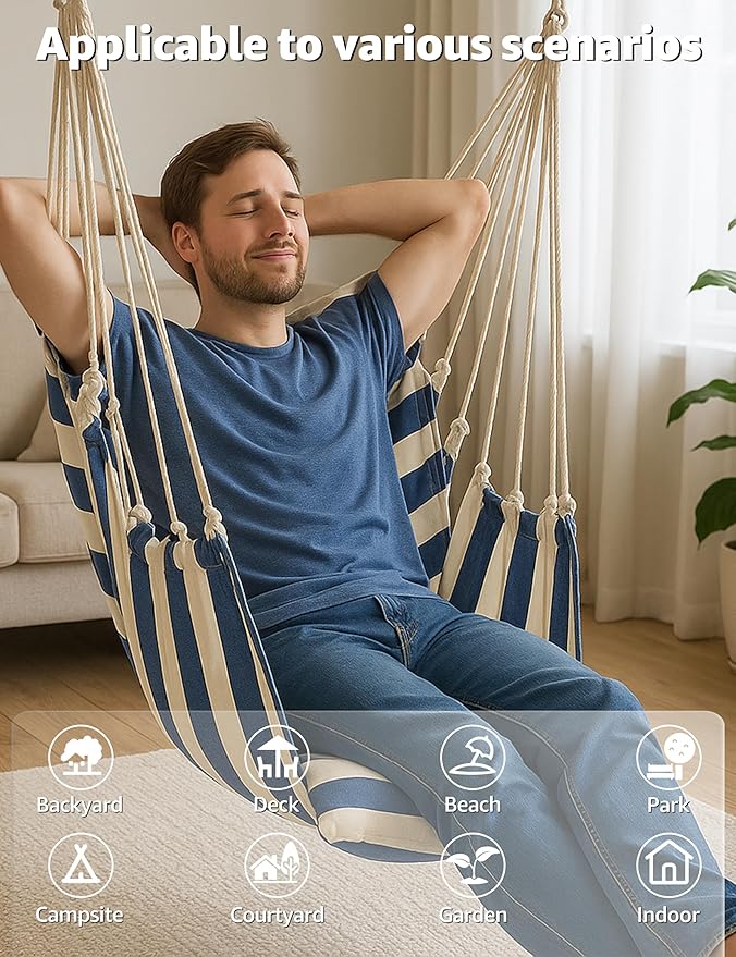 Hammock Chair Swing 2 Cushions Included - Hanging Rope Swing Max 400 Lbs Sturdy Soft Cotton Indoor for Bedroom Swing Chair Outdoor Patio Bedroom Porch Deck (Blue White Stripes)
