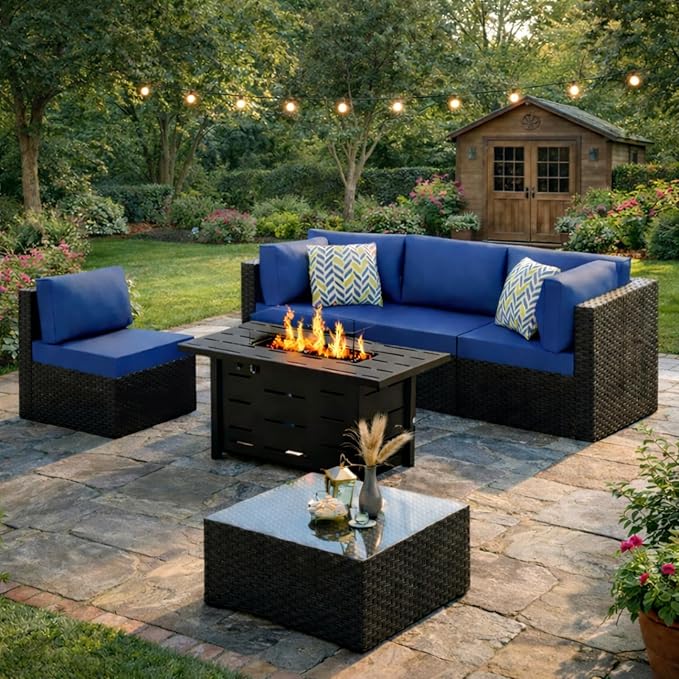 JAMFLY Patio Furniture Sets, 6-Piece Outdoor Patio Furniture with 43'' Propane Gas Fire Pit Table, Wicker Outdoor Conversation Set Sectional Sofa for Backyard, Poolside, Garden, Aegean Blue