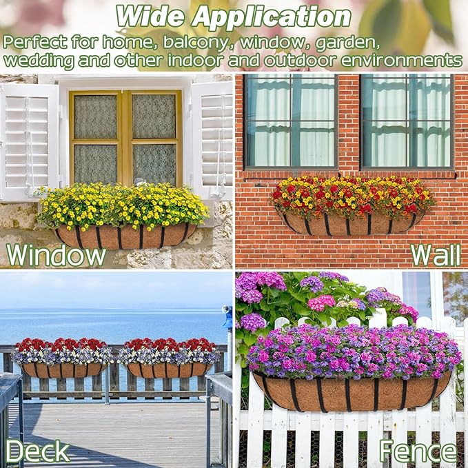 ZeeDix 4 Pack 24 Inch Railing Planter Box, Metal Window Boxes with Coco Liners for Railing, Hanging Flower Boxes for Deck Porch Balcony & Fence Outdoor Indoor Lawn