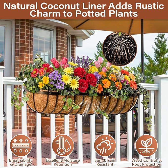 Legigo 4PCS 36 Inch Natural Trough Coco Coir Liners Planters Replacement, Pre-Formed Window Basket Coconut Coir Fiber Liner for Garden Window Flower Box Pots, Fence Trough Planter, Wall Planter Basket