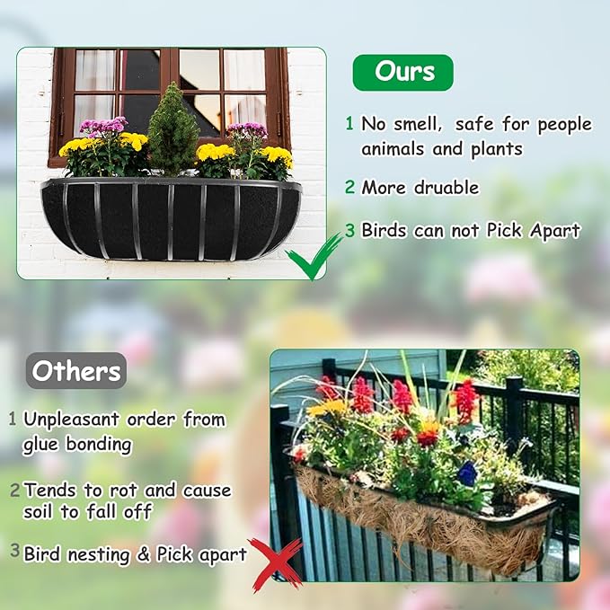 3PCS 24 Inch Planter Basket Liners Fabric Window Box Liners Felt Trough Planter Liner Replacement Black Flower Basket Liner Non-Woven Hanging Plant Liner for Planters Garden Fence - Avoid Bird Nesting