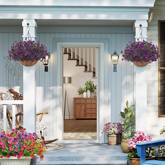 Artificial Faux Hanging Plants Flowers Basket for Outdoors Spring Summer Decoration, Hanging Planters with Fake Silk Flowers UV Resistant Realistic for Outside Porch Patio Balcony Garden Home （Purple）