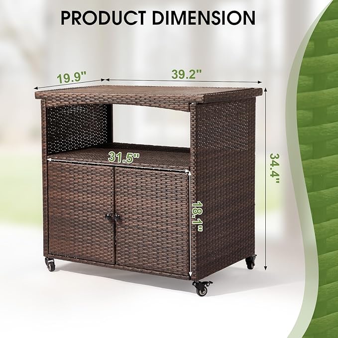 VINGLI Wicker Outdoor Bar Cart with Storage & Rolling Wheels, Patio Bar Table w/Shelf, Outdoor Storage Cabinet Buffet Cabinet Grill Cart for BBQ Pool Patio Kitchen, Brown