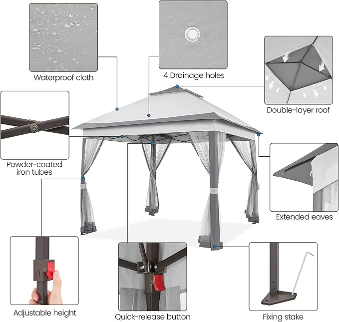 Yaheetech 11x11 Pop Up Gazebo Outdoor Canopy Shelter, Instant Patio Gazebo Sun Shade Canopy Tent with 4 Sandbags, 2 Tiers Roof & Mesh Netting for Lawn, Garden, Backyard & Deck, Gray