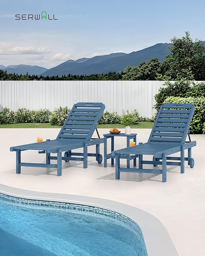 SERWALL Outdoor Chaise Lounge Set of 6, HDPE Pool Lounge Chair with 5-Position Adjustable Backrest, Patio Lounger with Rolling Wheels & Cup Holder for Pool, Navy